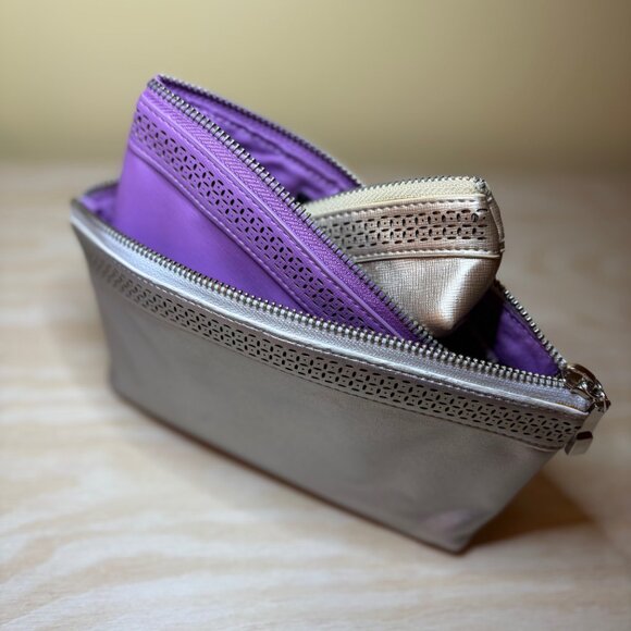 White House Black Market Makeup Bag Trio (Purple, Silver, Gold) **NEW WOT** - Picture 4 of 11